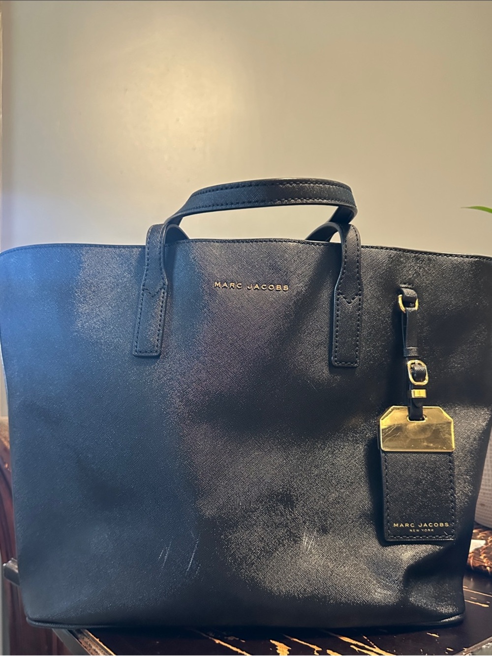 Marc Jacobs Black Saffiano Leather Tote with Gold Tag
